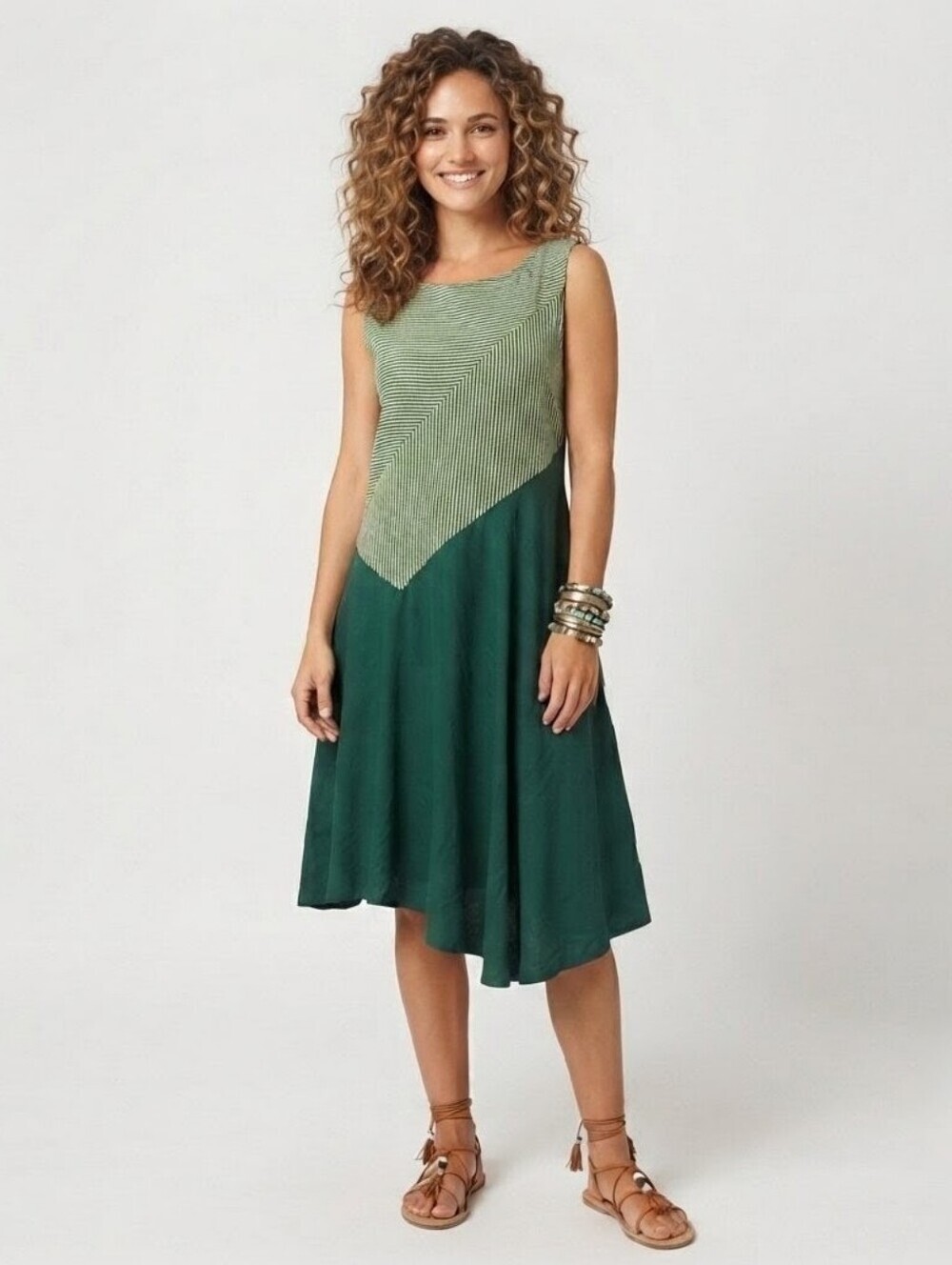 Maeve Anthropologie Green & White Striped Asymmetrical Midi Dress - Small